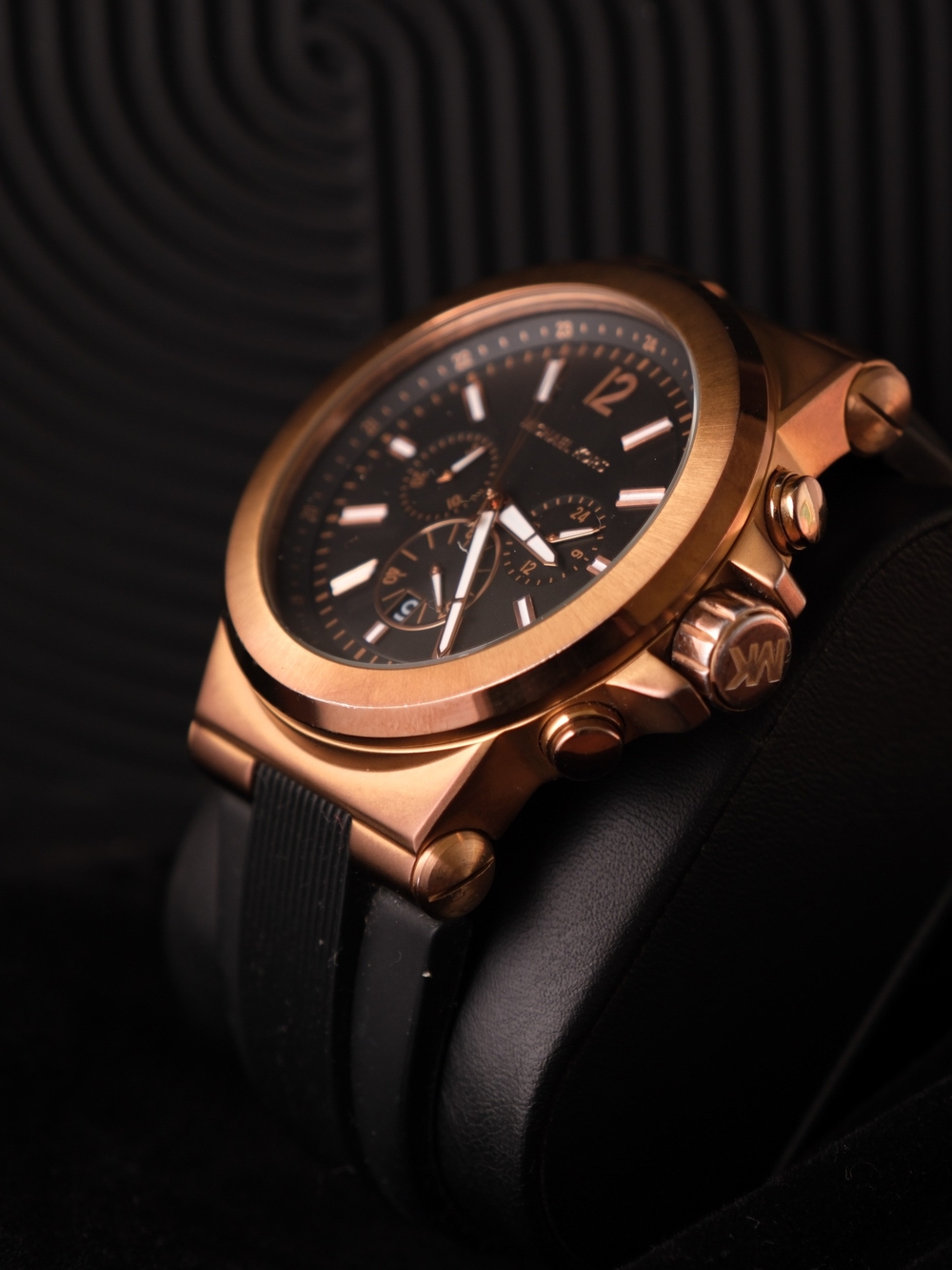 Michael Kors MK8184 Rose Gold Tone Chronograph Watch Black Silicone Band